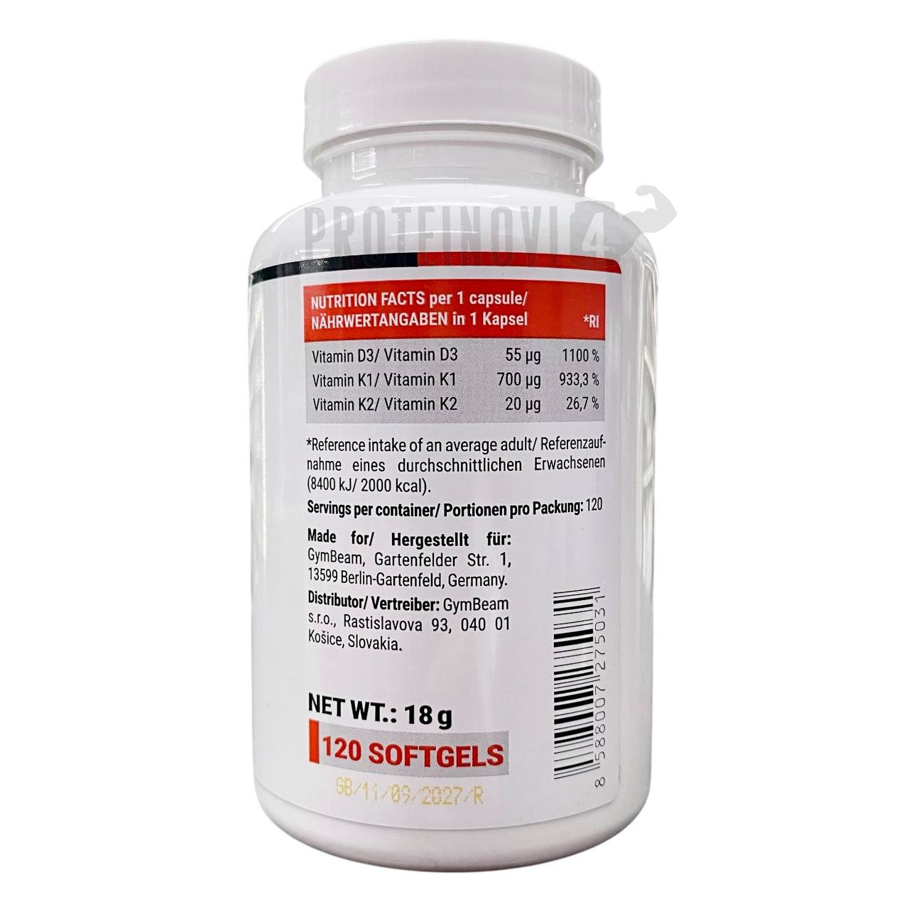 GymBeam Vitamin D3+K1+K2 120Softgels
