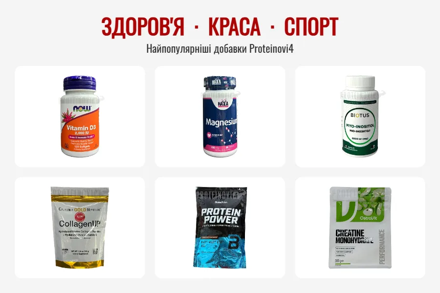 Популярні вітаміни та добавки Proteinovi4: вітамін D3, магній, інозитол, колаген, протеїн, креатин